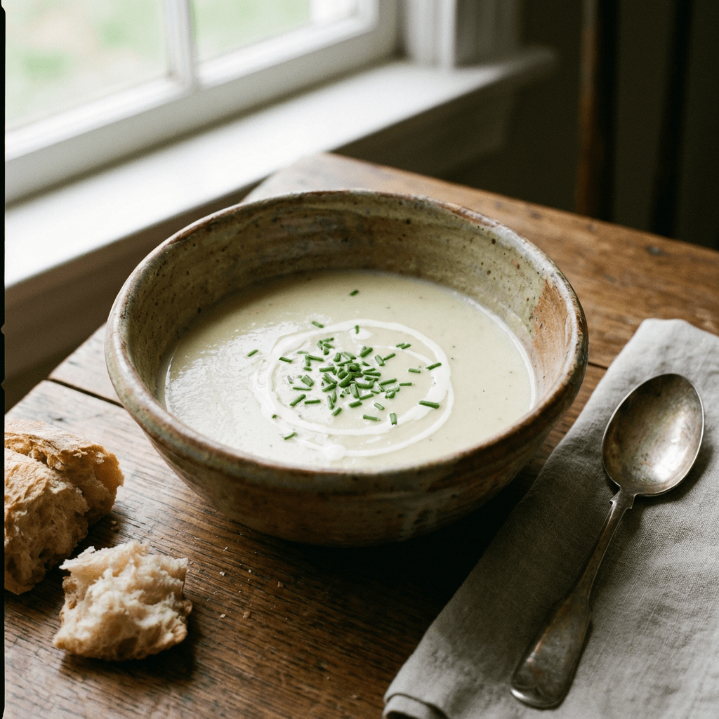 Creamy vegetable soup topped with chives and cream in a rustic ceramic bowl.